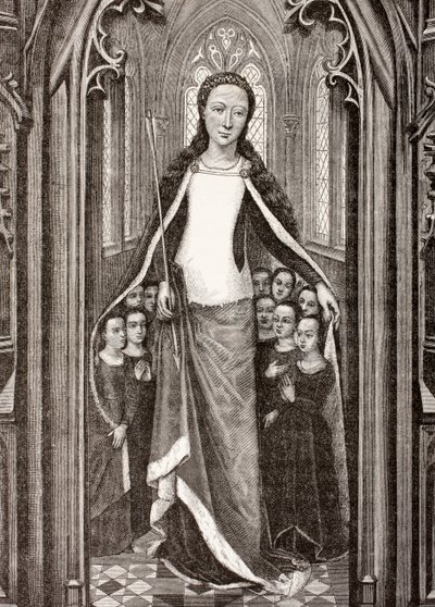 St. Ursula Holding an Arrow, the Symbol of Her Martyrdom, and Protecting Virgins Beneath Her Cloak, from 